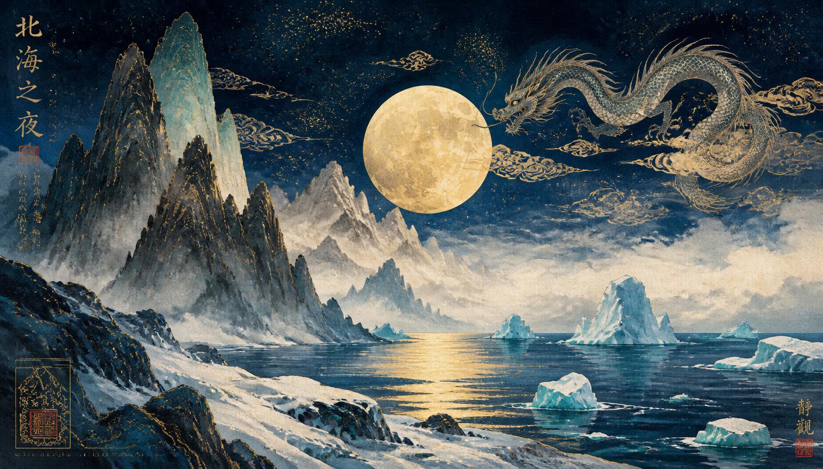 Moonrise over Arctic ice and ink-wash mountains with a dragon in the clouds